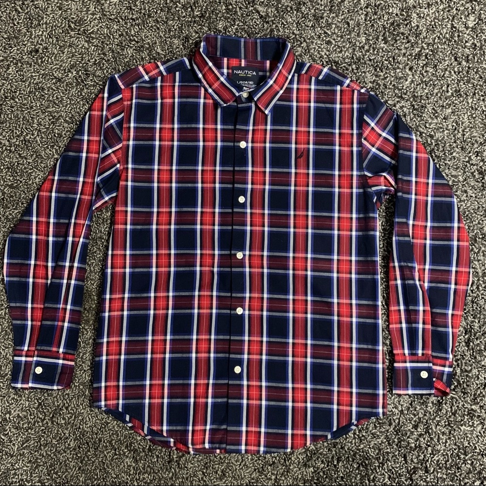💫3/$20💫 Nautica size Boys/Youth L 14/16 plaid button down shirt red/blue plaid